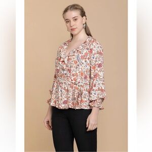 BOHERA‎ Floral Wrap Ruffle Blouse Size XL Boho Peasant Cottagecore Flowy